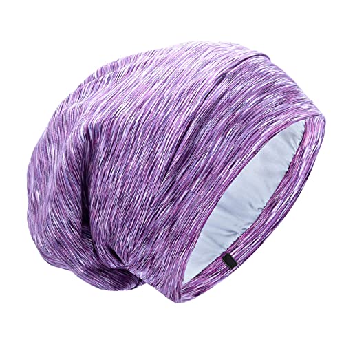 Silk Satin Lined Bonnet Sleep Cap - Adjustable Stay on All Night Hair Wrap Cover Slouchy Beanie for Curly Hair Protection for Women and Men - Heather Purple - color: Heather Purple, size: One Size