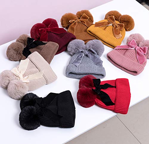 YATEEN Infant Toddler Baby Knitting Woolen Hat Winter Warm Double Pompom Beanie Cap with Bow - color: Pink
