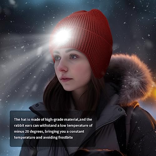 LED Beanie Hat with Light, USB Rechargeable LED Headlamp Hat, Unisex Winter Hat Warm Knitted Earflap Beanie with Night Flashlight (Red) - color: Red Adult