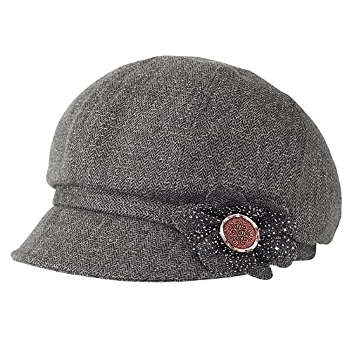 Women Retro Classic Visor Newsboy Cabbie Cap Beret Hats with Flower Buckle for Woman Ladies - color: 1grey