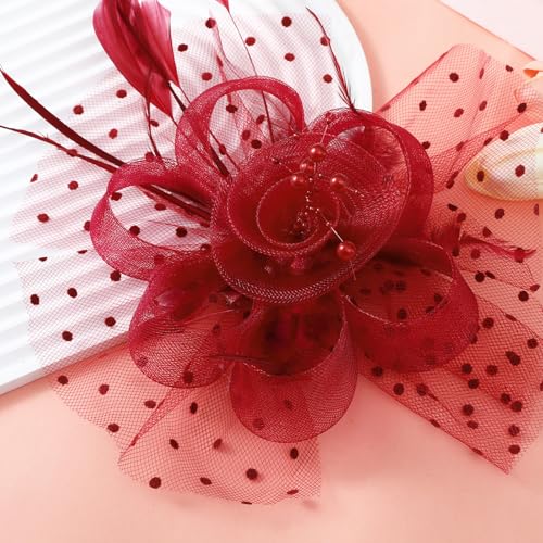 WLBON Fascinators Hat 20s 50s Headband Hair Clips Flower Mesh Veil Feather Headpiece Headwear Women Halloween Carnival Cocktail Wedding Church Cosplay Dress Up Birthday Tea Party Accessories Burgundy - color: Burgundy Tone