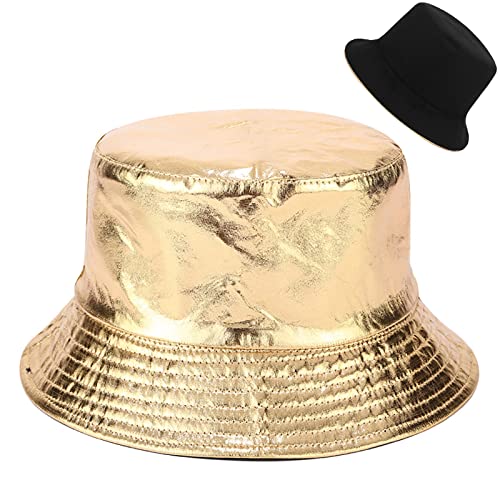 Unisex Bucket Hat Beach Sun Hat Aesthetic Fishing Hat for Men Women Teens, Reversible Double-Side-Wear - color: Gold Black