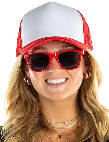Funky Junque Blank Mesh Foam Lightweight Snapback Trucker Hat - color: Hat (Red/White) & Sunglasses (Red)