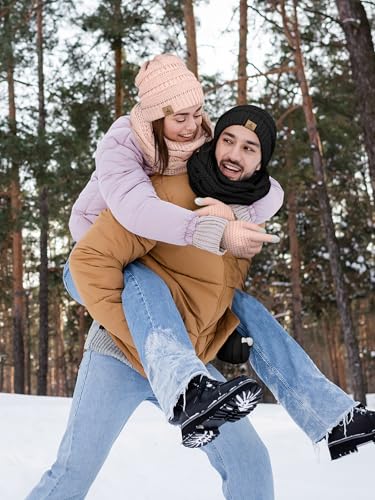 LOROME Winter Beanie Hat Scarf Gloves, Warm Fleece Knit Neck Scarf Set Gift - color: Indi Pink
