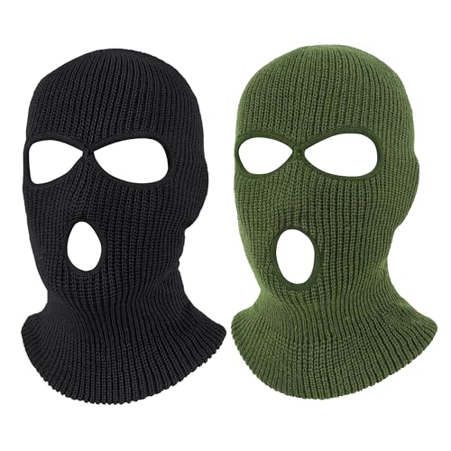 Pukavt 2 Pack 3 Hole Winter Knitted Mask, Ski Mask Balaclava Cap - color: Black/Army Green