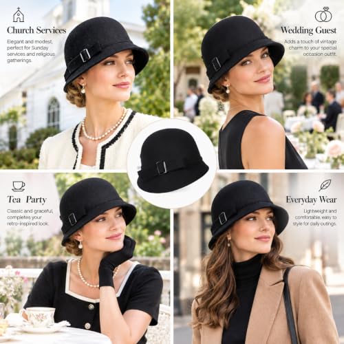 Women Solid Color 100% Wool Winter Hat Women Cloche Bucket Bowler with Bowknot - color: Black