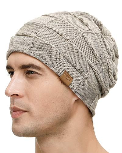 Vgogfly Slouchy Beanie for Men Winter Hats for Guys Cool Beanies Mens Lined Knit Warm Thick Skully Stocking Binie Hat Pairs - color: Light Grey&khaki-2