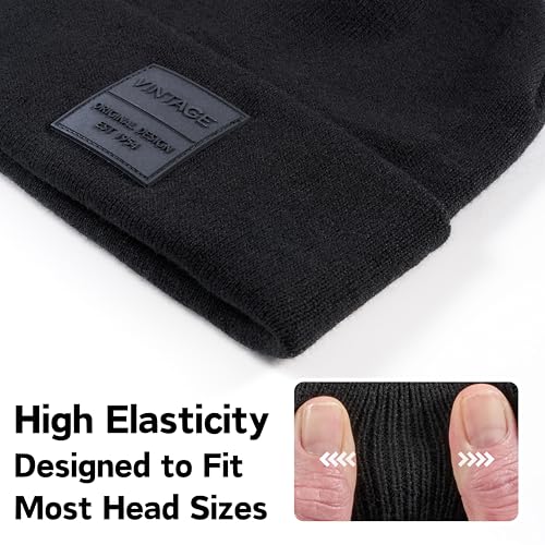 VINTAGE HAVANA Beanie for Women & Men | Thick Cuffed Knitted Winter Hat Beanies Unisex Skull Caps| Vintage Logo Patch - color: Black