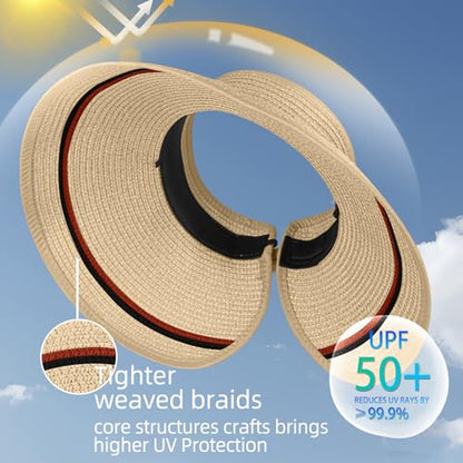 Women's Sun Visor Hats Wide Brim Straw Beach Hat Ponytail Hats for Women Foldable Floppy - color: 1pack-beige/Red Stripe