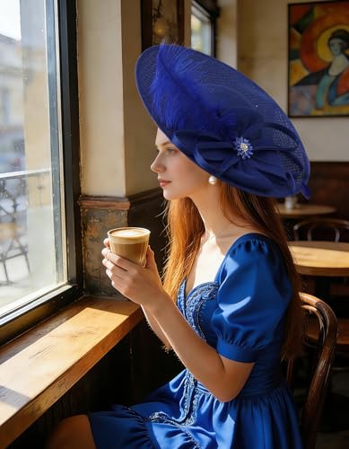 Unpifolov Fascinators Hats Elegant Women Flower Mesh Feathers Wedding Cocktail Bride Headband for Derby Hat Tea Party - color: Royal Blue