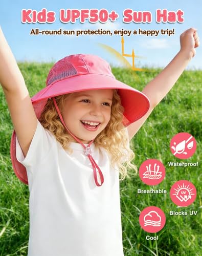 Rosoz Kids Sun Hat with Neck Flap UV Protection Summer Toddler Beach Hat Unisex Ponytail Hat Wide Brim Fishing Hat - color: 1pack-rose Red
