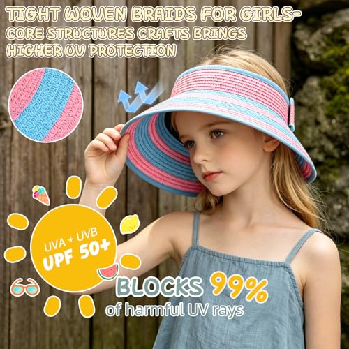 Girls Sun Visor Hat with Ponytail Hole Wide Brim Beach Straw Visor UPF 50+ - color: 1pack-sea Blue Pink