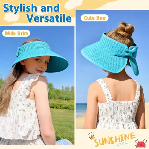 ZOORON Girls Straw Sun Visor Hat, Wide Brim Ponytail Beach Hat with Bow - color: Seablue