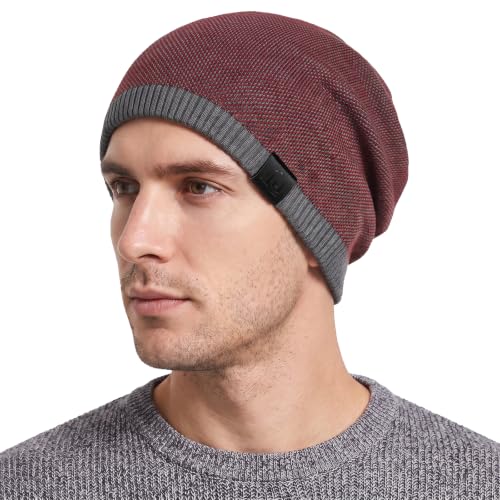 Fleece Lined Mens Beanie Scarf Set Thick Knit Winter Hat Neck Warmer Unisex - color: Wine Red