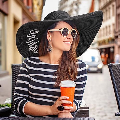 DRESHOW Big Straw Sun Hats for Women Floppy Foldable Roll up Beach Cap Sun Hat UPF 50+ Vacation Honeymoon Embroidered Hat - color: Ae Hello Sunshine A: Black