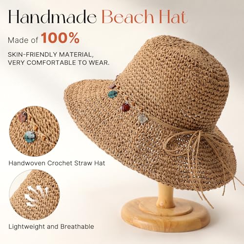 Beach Sun Hats for Women, Wide Brim Straw Hat, UPF 50+ UV Protection - color: Khaki-shell