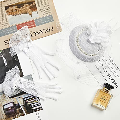 20s 50s Pillbox Derby Fascinator Hat Veil Feather Fascinators Hair Clip Wedding Tea Party Hat and Short Lace Gloves for Women - color: 101-white