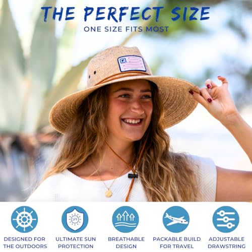Qwave Packable Stone-Washed Straw Lifeguard Hat for Men and Women - Beach Straw Hat Protects from Summer Sun - color: Ombré Pink