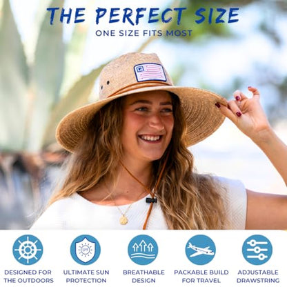 Qwave Packable Stone-Washed Straw Lifeguard Hat for Men and Women - Beach Straw Hat Protects from Summer Sun - color: Ombré Pink