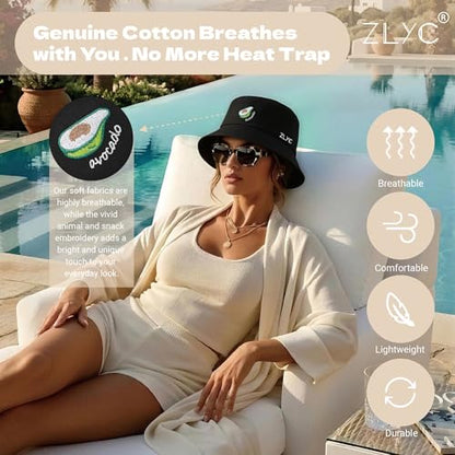 ZLYC Cotton Bucket Hat for Women Men Embroidered Packable Summer Sun Cap - color: Black Avocado