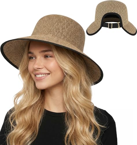 Funky Junque Wide Brim Panama Sun Hat, Womens Packable Straw - color: Split Back Ponytail - Dark Natural Mix