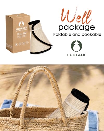 FURTALK Womens Sun Hat with Ponytail Hole Wide Brim Beach Straw Visor - color: Beige With Black