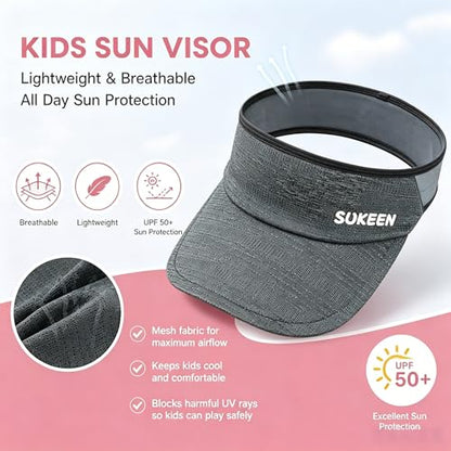 Sukeen Kids Sun Visor Hat for Girls Boys UPF50+ Lightweight Cooling Stretchable Packable Sun Hat - color: Black and Grey