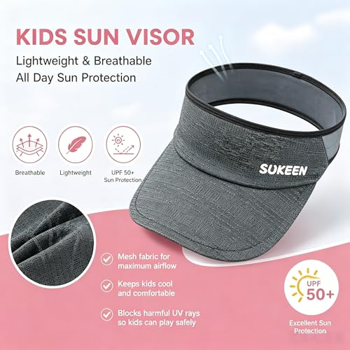 Sukeen Kids Sun Visor Hat for Girls Boys UPF50+ Lightweight Cooling Stretchable Packable Sun Hat - color: Black and Grey
