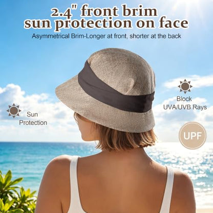 Babalet Women Summer Bucket Sun Hat Lightweight Beach Faux Linen Blend Bucket Hat Adjustable Foldable UV Protection Beach Cap - color: Marled Beige / Brown Band