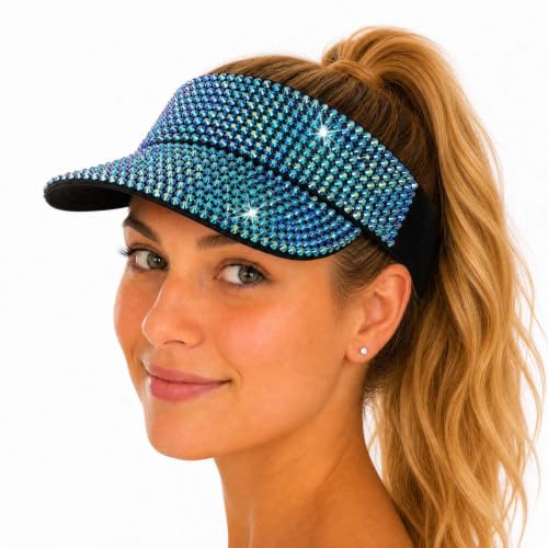 Bling Rhinestone Sun Visor for Women Sparkle Hat for Tennis Beach Sport - color: 04 Black Blue