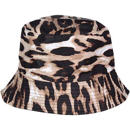 BYOS Summer Fashion Print Cotton Bucket Sun Hat for Men Women, Reversible Black - color: Leopard