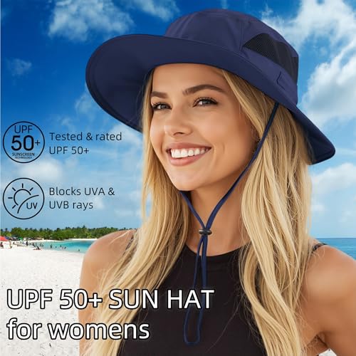 Connectyle Women's UPF 50+ Sun Hat UV Protection Wide Brim Bucket Hat Summer Beach Hats Fishing Hiking Outdoor Safari Hats - color: Navy Blue