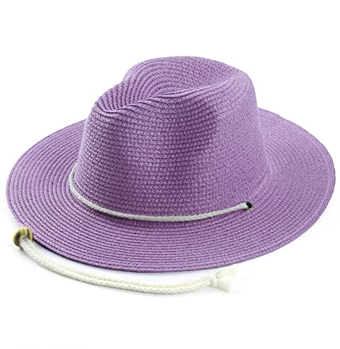 Women Straw Fedora Hat Summer Panama Beach Sun Hats UV UPF50+ Cap - color: Purple