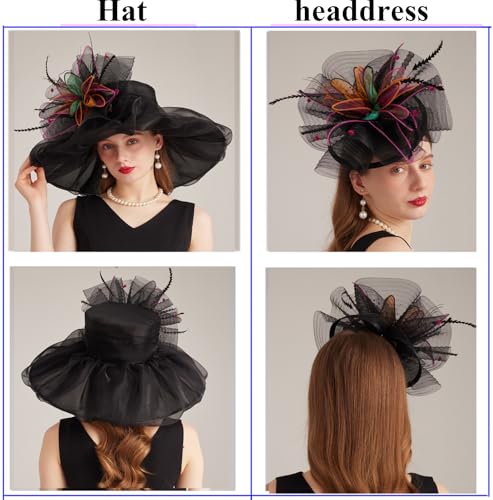 Women Derby Church Hat Organza Flower Wedding Tea Party Fascinator Wide Brim Sun Hat - color: 12-black Color