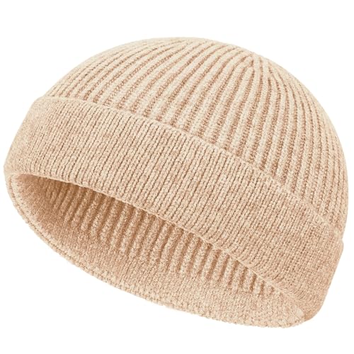 ROYBENS Short Fisherman Beanie for Men Women Wool Knit Warm Winter Hat Swag - color: 1pcs-apricot