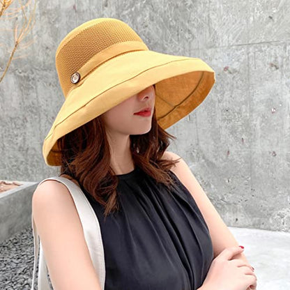 Women Wide Brim Sun Hats Metal Wired Edge Summer UV Protection Beach Fishing Hat for Hiking Garden Travel Chin Strap - color: B5-fyu001-yellow, size: One Size