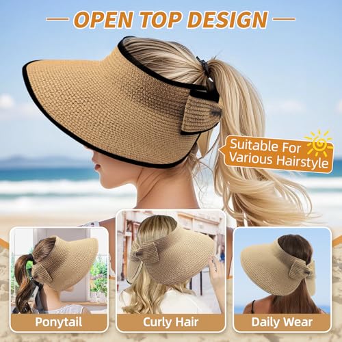 Sun Hats for Women Wide Brim Straw Sun Visors Ponytail Hat - color: Khaki With Black