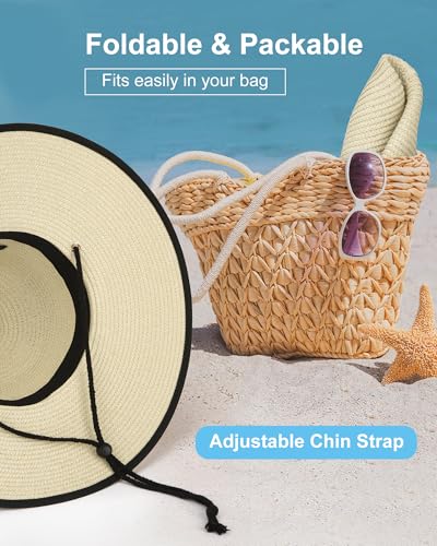 Sun Hats for Women, Summer Wide Brim Straw Beach Hat - color: Beige Black, size: Large