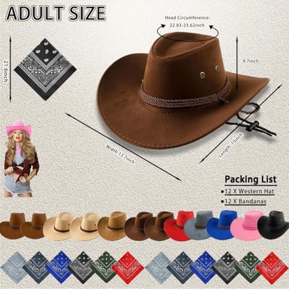 12 Set Cowboy Hats with Bandanas, Felt Western Cowgirl Hats Bulk