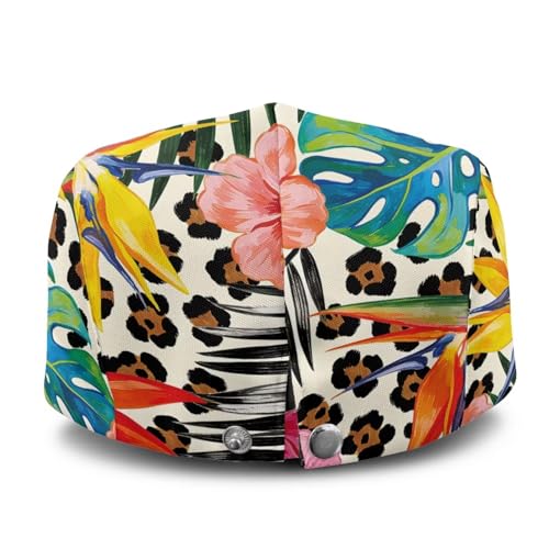 Newsboy Cap for Men Women Adjustable Flat Cap Gatsby Hat Retro Eight Panel Baker Boy Hat Lightweight Casual Cap - color: Leopard Print Tropical Floral