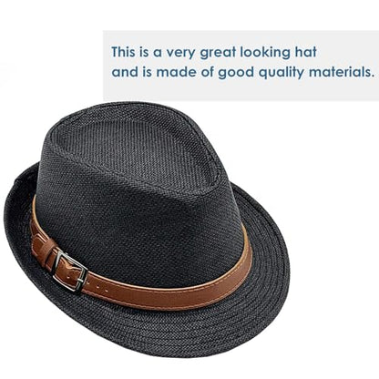 Straw Fedora Hat for Men Panama Hat Short Brim Summer Sun Hat - color: A-black