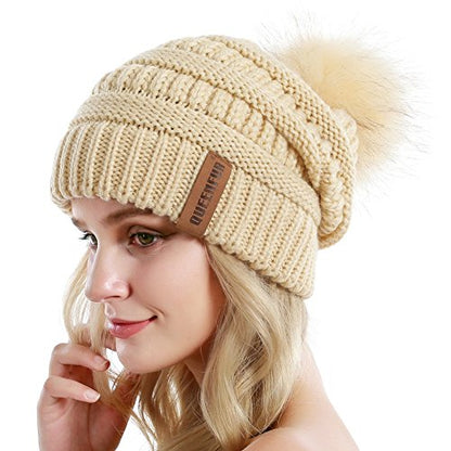 Women Knit Slouchy Beanie Chunky Baggy Hat with Faux Fur Pompom Winter Soft Warm Ski Cap - color: A1-beige