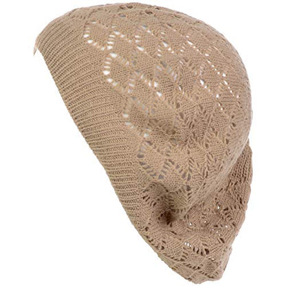 an Womens Crochet Hat Flower Beanie Beret Fashion Accessory Lightweight Knit Cap - color: 5120-dkbeige