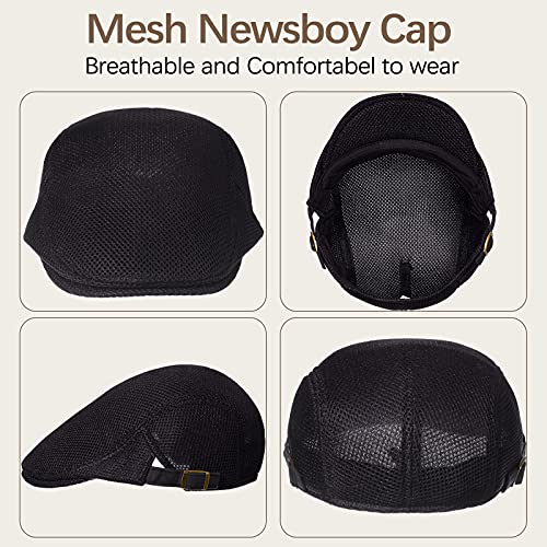 Geyoga 3 Pcs Mesh Newsboy Cap, Adjustable Mesh Cap - color: Khaki, Light Gray, Black