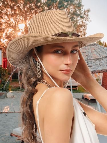 Straw Cowboy Sun Hat Western Cowgirl Women Men with Windproof Chin Strap - color: 카키