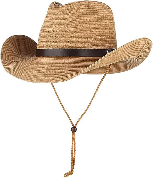 Men Straw Cowboy Hat Women Cowgirl Fedora Wide Brim Beach Sun Hat - color: Khaki With Pu Leather Belt