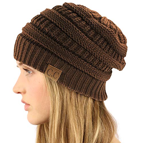 CC Classic Winter Fall Trendy Chunky Stretchy Cable Knit Beanie Hat - color: Solid Brown