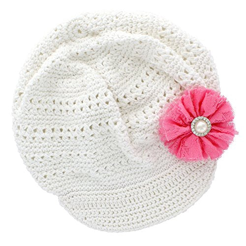 My Lello Little Girl's Newsboy Crochet Beanie Hat with Vintage Lace/Tulle Flower - color: White/Hot Pink, size: One Size