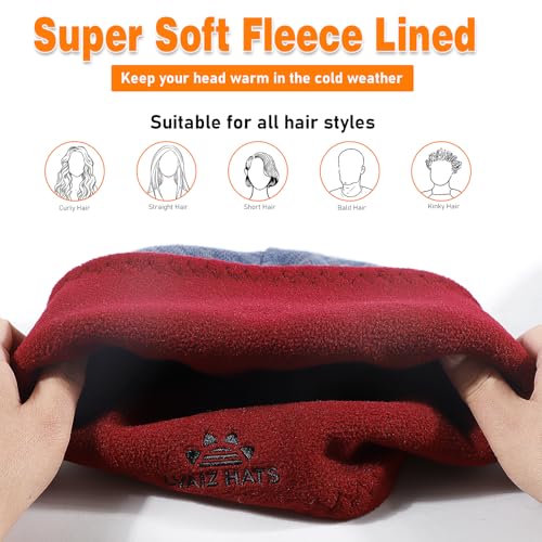 Lvaiz Winter Fleece Lined Beanie Hat for Men Women Reversible Skull Cap - color: Blue Grey+wind Red