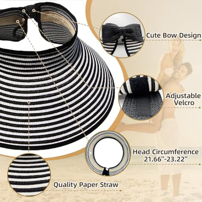 Sun Hats for Women Wide Brim Straw Sun Visors Ponytail Hat - color: Black White Stripe